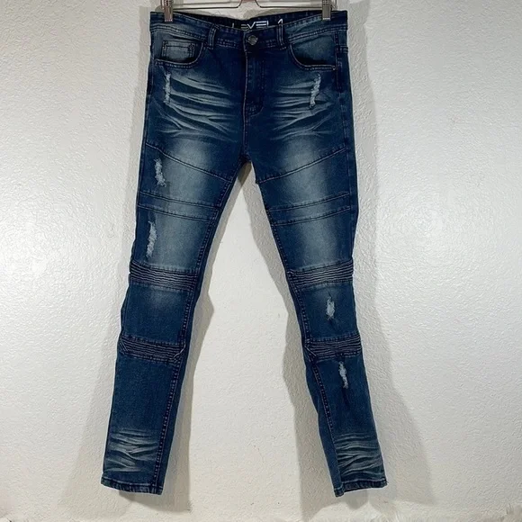 LEVEL 1 DENIM Super Skinny Fit Distressed Moto Jeans Size 32x32 - Picture 1 of 10